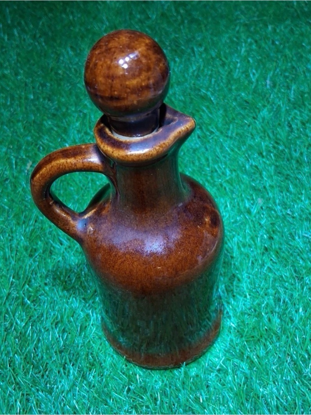 Vintage Brown Glazed Ceramic Stoneware Cruet Jug Bottle with Stopper